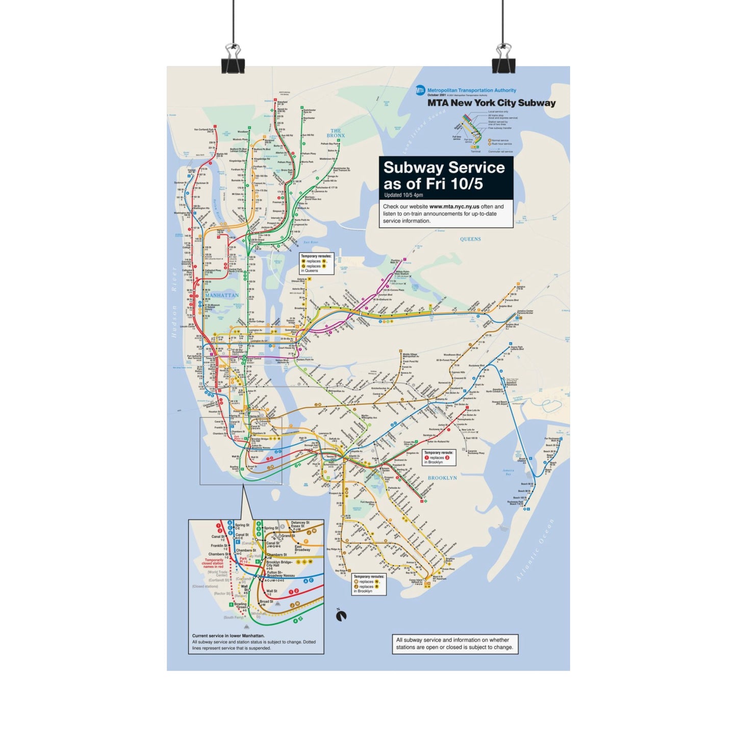 MTA NYC Subway Map Poster October 5, 2001 (1 Month After 9/11)
