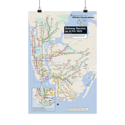 MTA NYC Subway Map Poster October 5, 2001 (1 Month After 9/11)