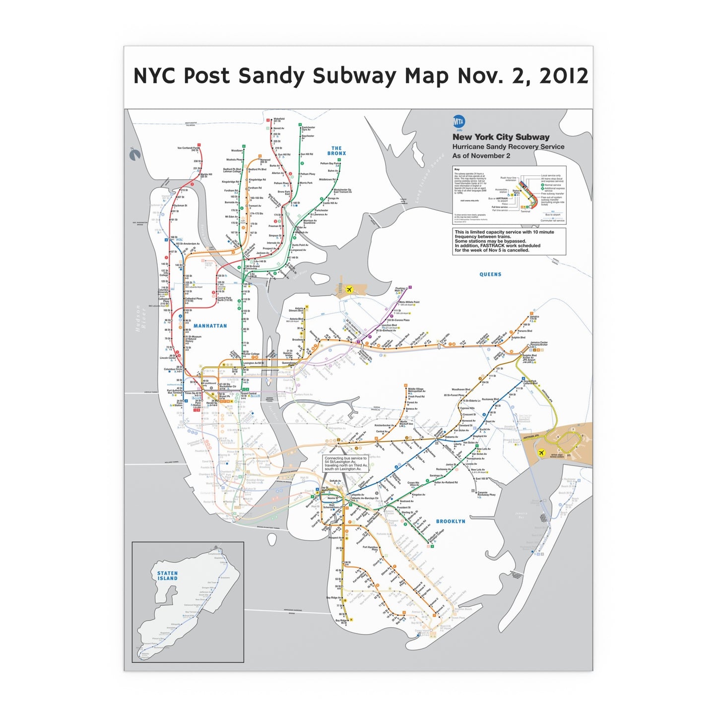 MTA NYC Subway Map (Post Hurricane Sandy) November 2, 2012 (Silk Poster)