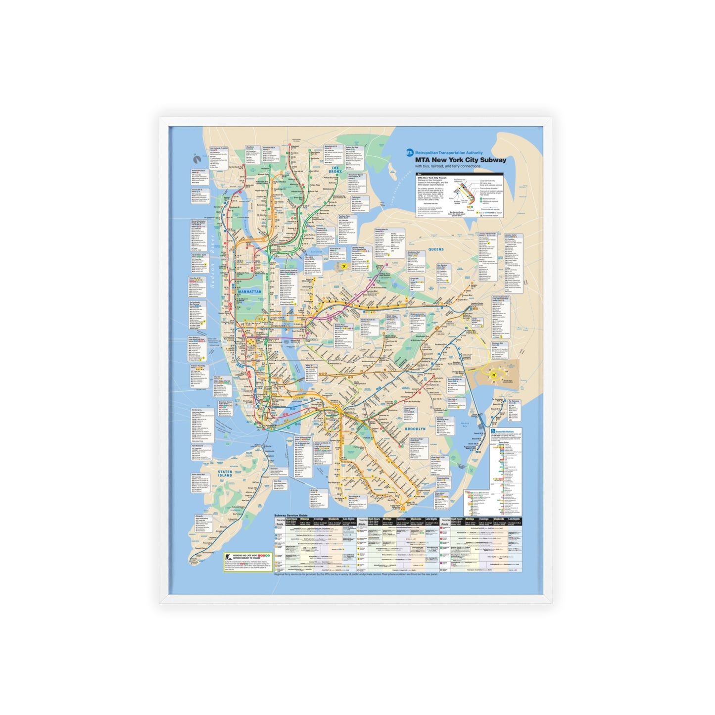MTA NYC Subway Map April 2007 Poster with Wooden Frame - Wall Art, Home Decor
