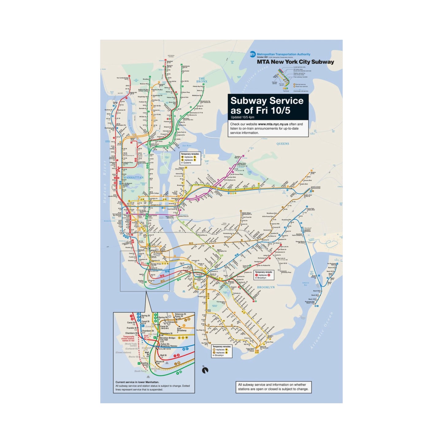 MTA NYC Subway Map Poster October 5, 2001 (1 Month After 9/11)
