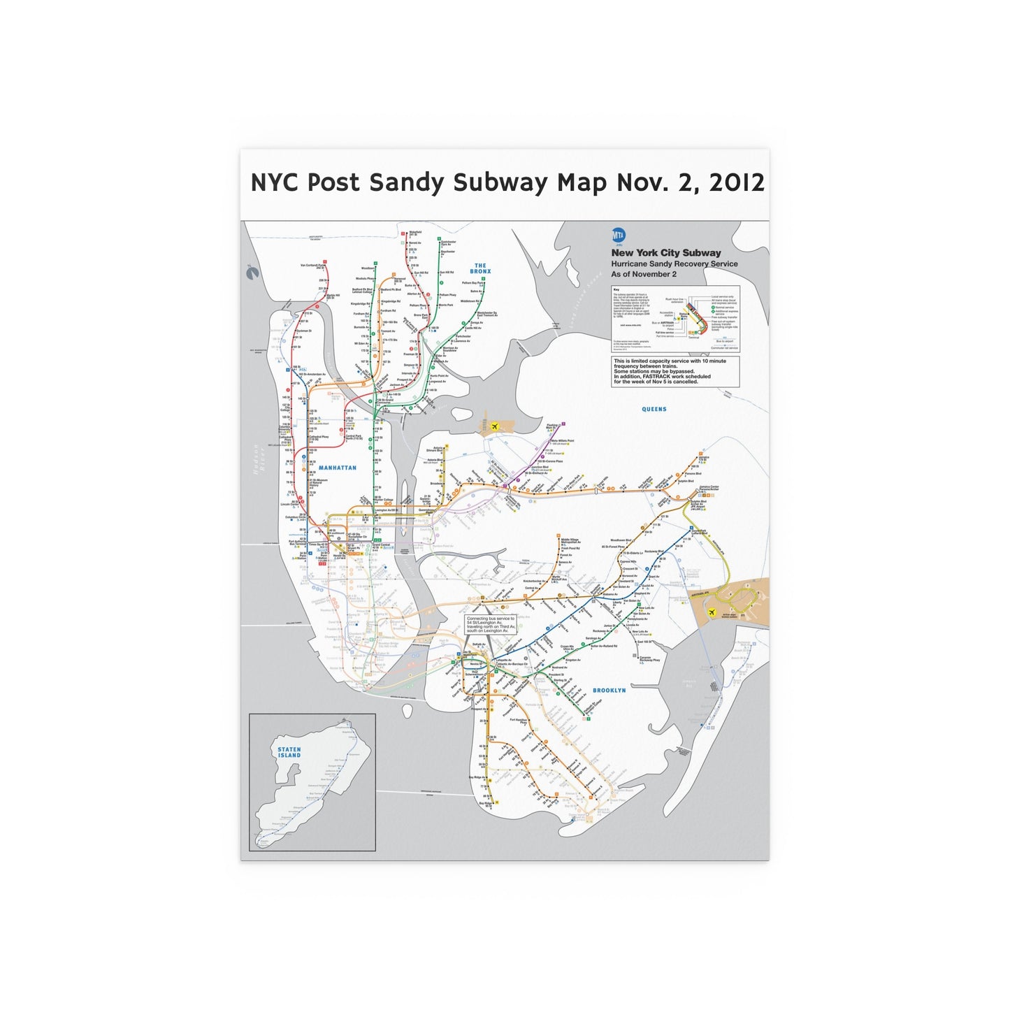 MTA NYC Subway Map (Post Hurricane Sandy) November 2, 2012 (Silk Poster)