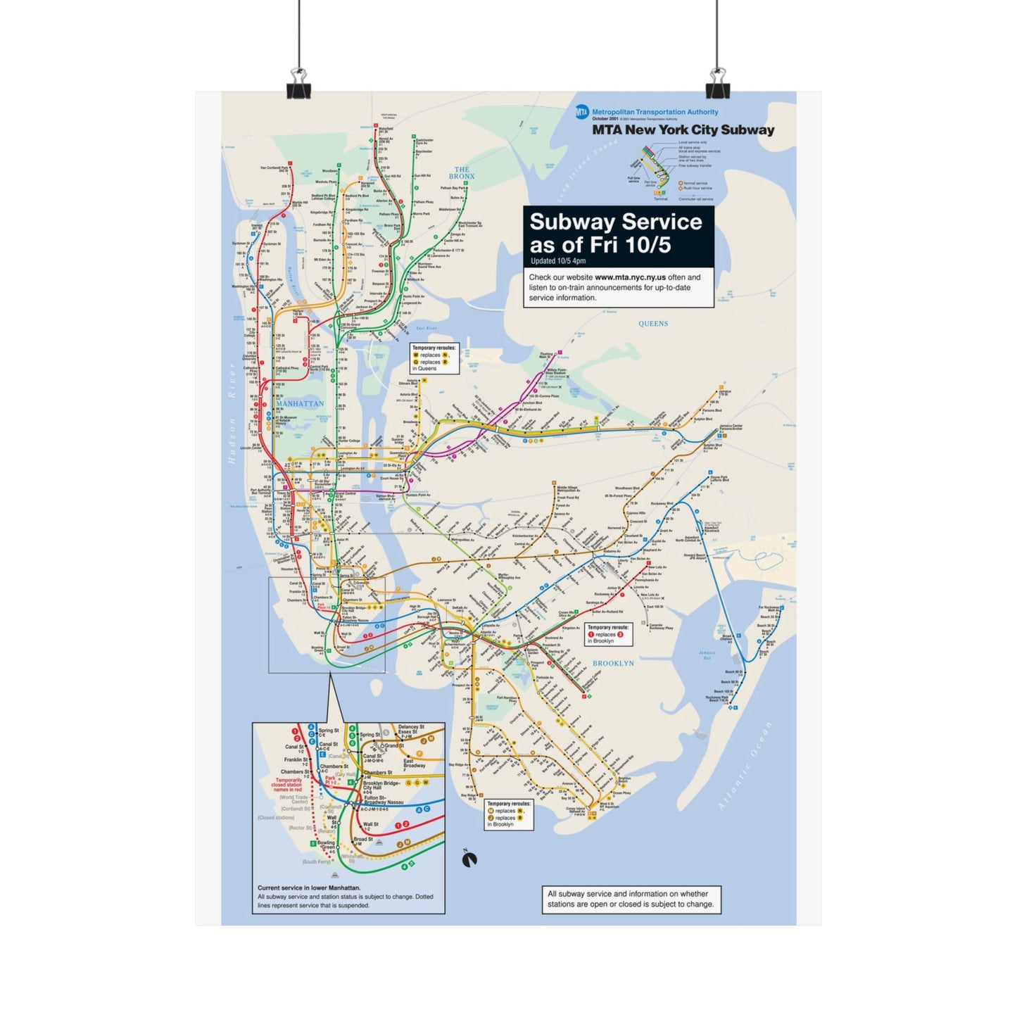 MTA NYC Subway Map Poster October 5, 2001 (1 Month After 9/11)