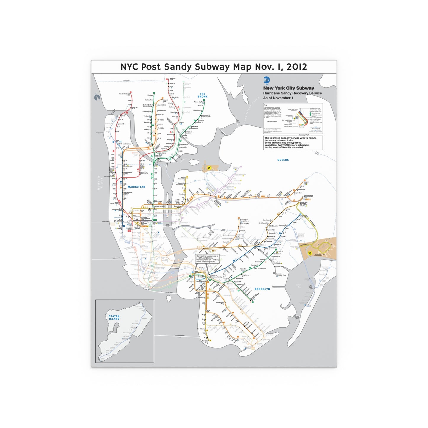 MTA NYC Subway Map (Post Hurricane Sandy/PM Hours) November 1, 2012 (Silk Poster)