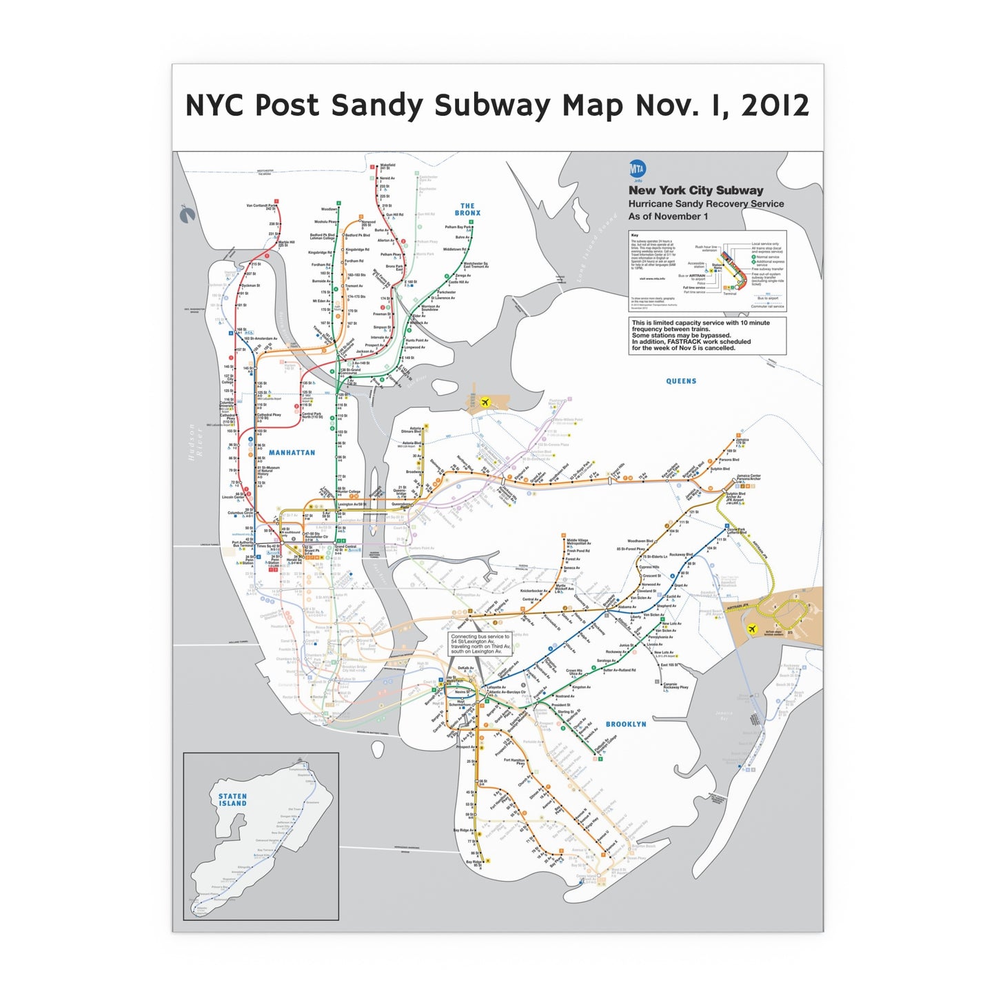 MTA NYC Subway Map (Post Hurricane Sandy/PM Hours) November 1, 2012 (Silk Poster)