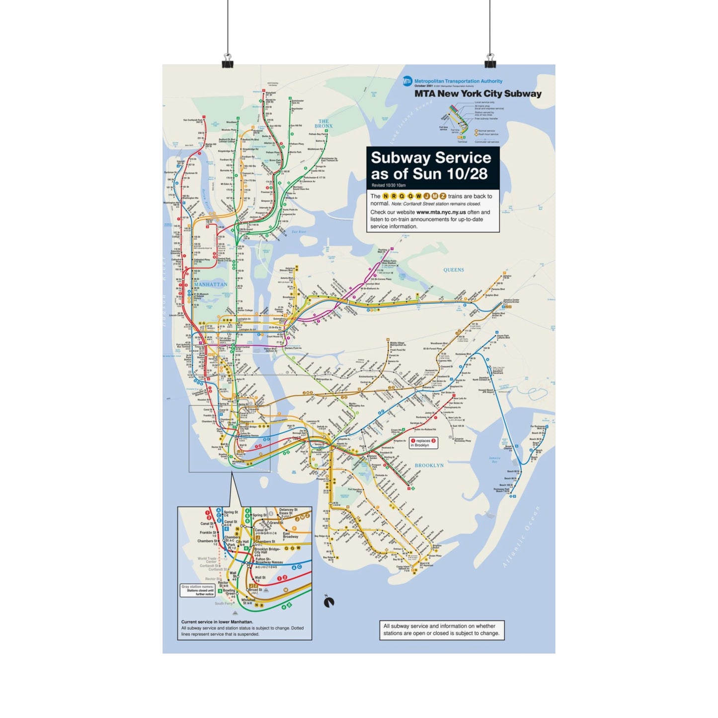 MTA NYC Subway Map Poster October 28, 2001 (1 Month After 9/11)