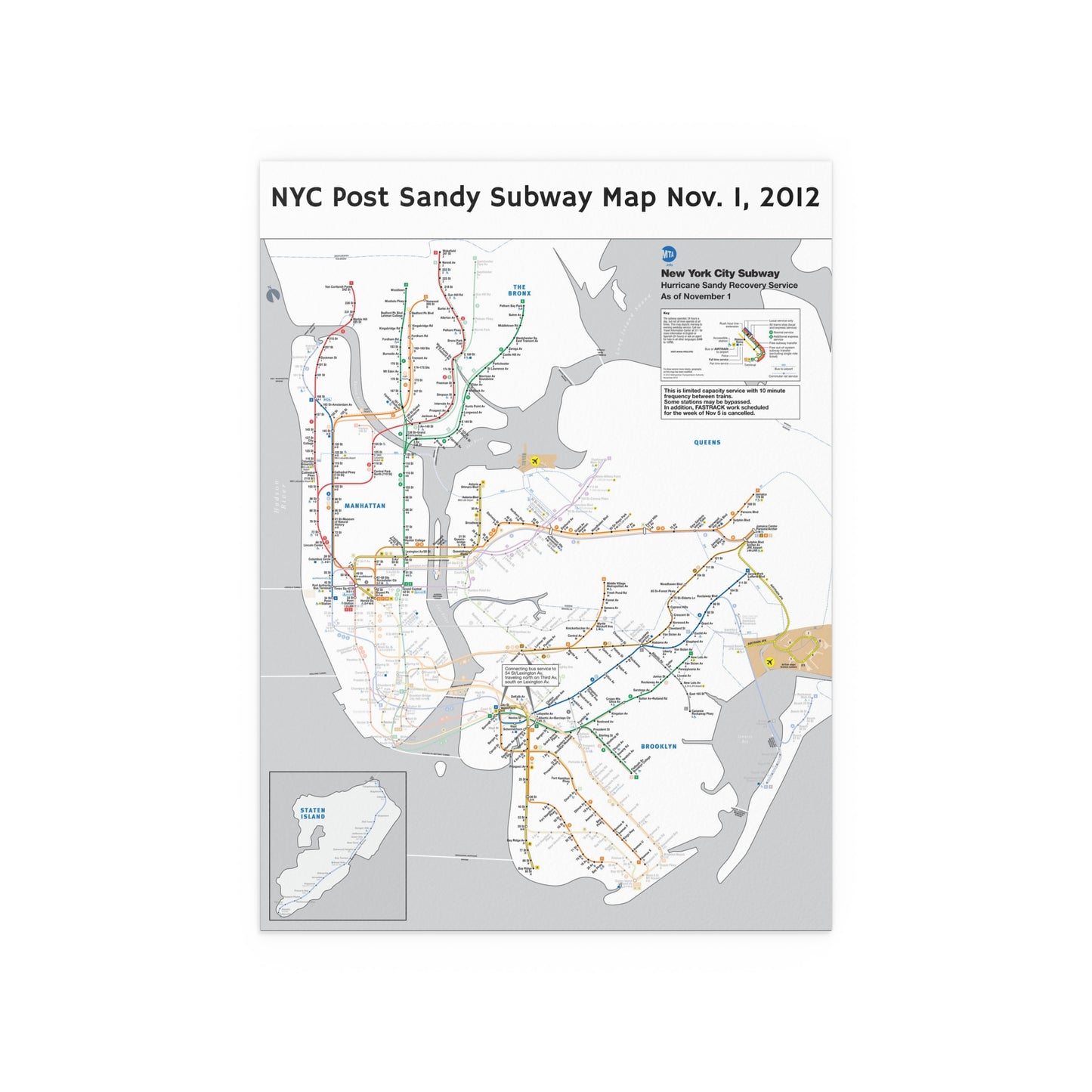 MTA NYC Subway Map (Post Hurricane Sandy/PM Hours) November 1, 2012 (Silk Poster)