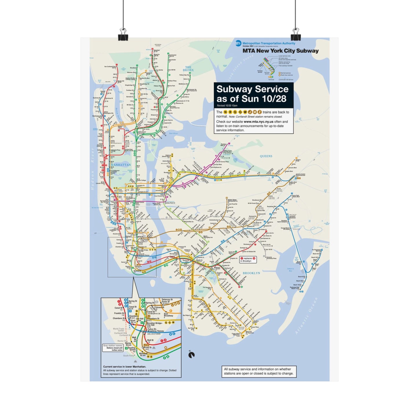 MTA NYC Subway Map Poster October 28, 2001 (1 Month After 9/11)