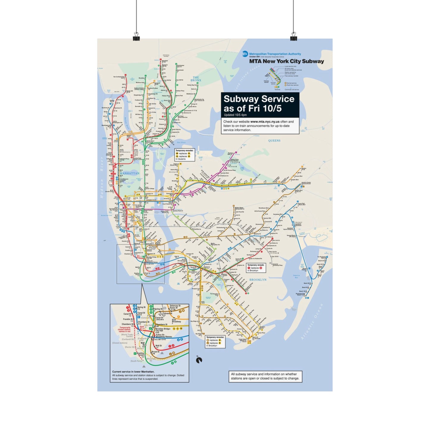 MTA NYC Subway Map Poster October 5, 2001 (1 Month After 9/11)