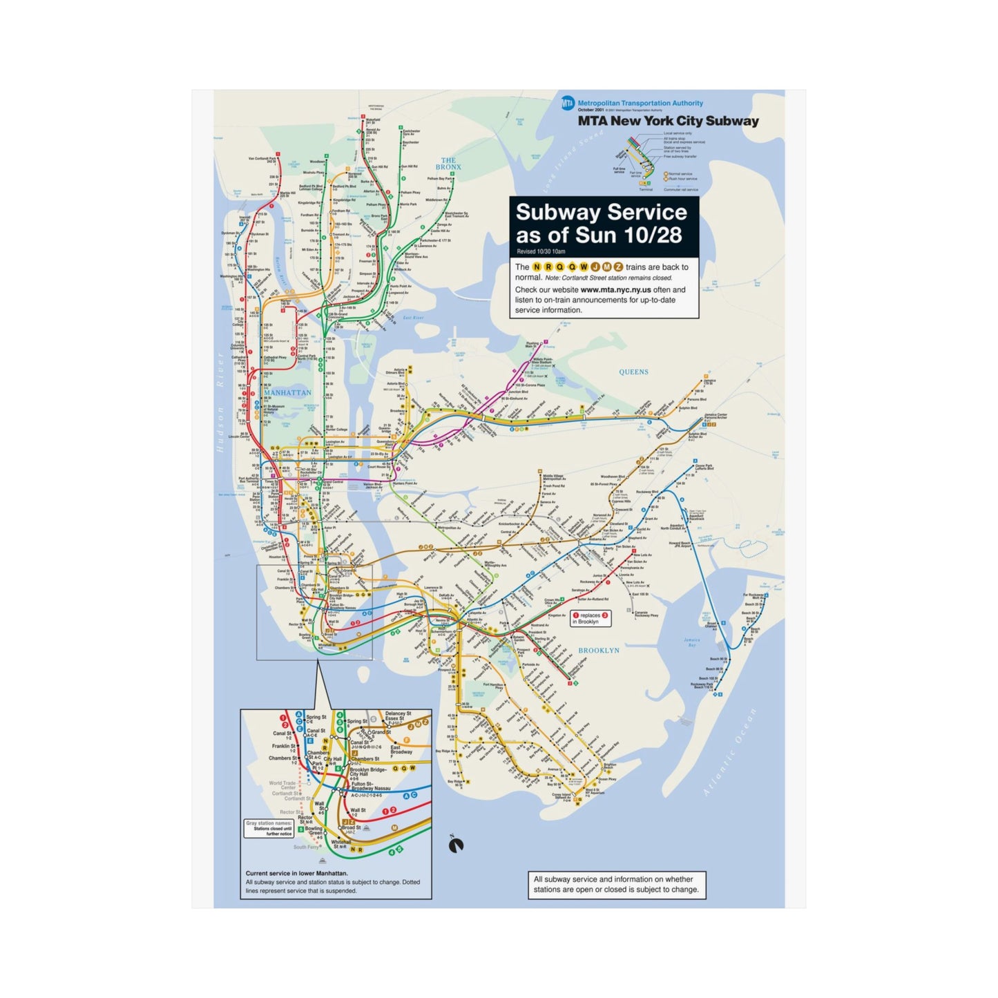 MTA NYC Subway Map Poster October 28, 2001 (1 Month After 9/11)