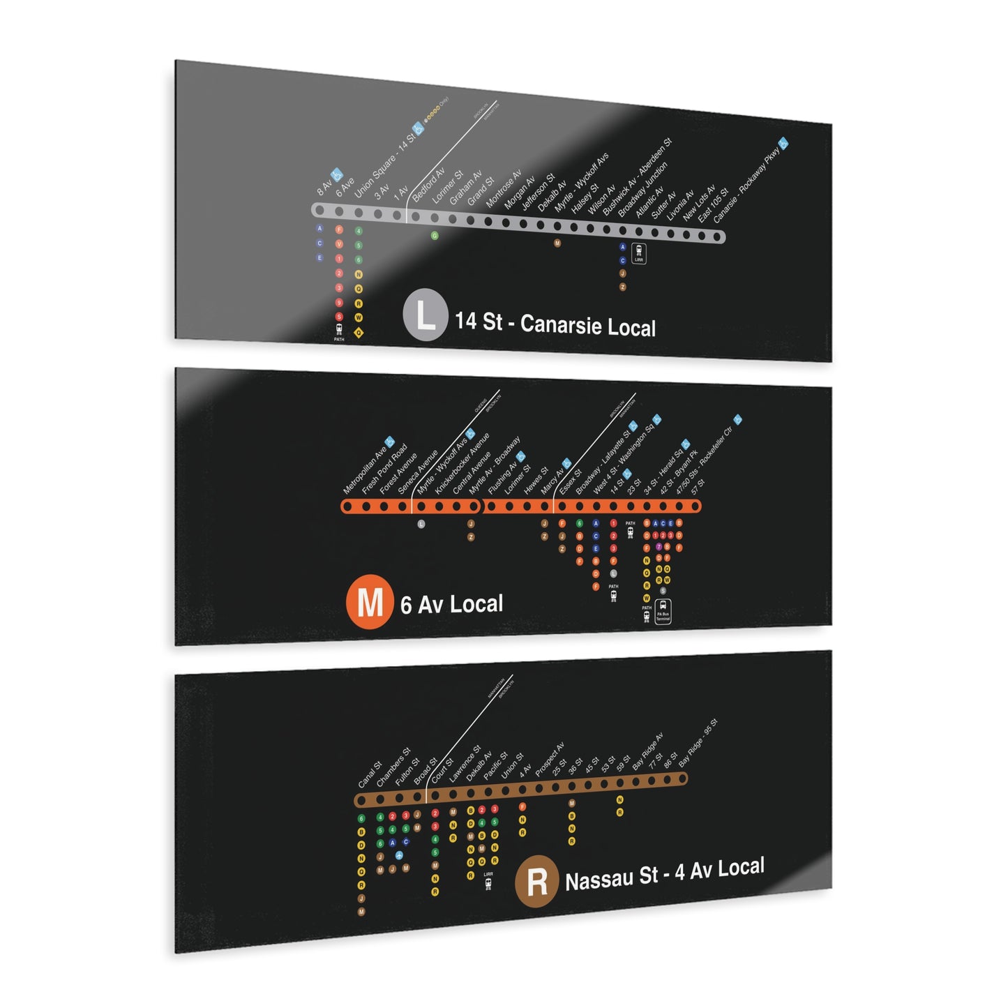MTA L/M/R Subway Lines Acrylic Prints (Triptych)